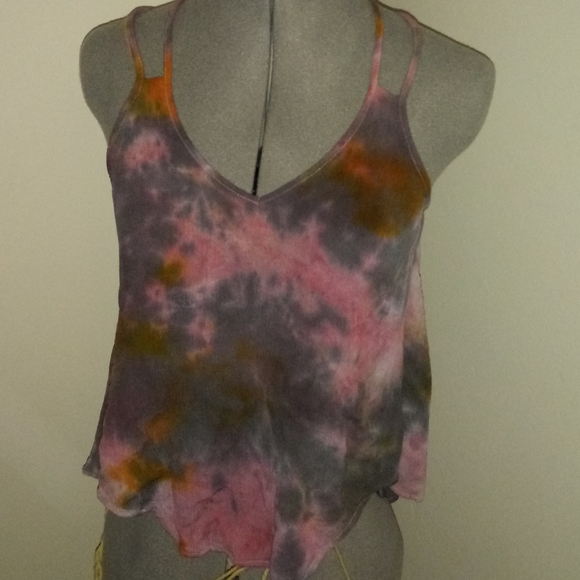 Tie Dye Blouse, Tie Dye Cross Back Blouse, Pink Gray Yellow Tie Dye Tank - Picture 11 of 12